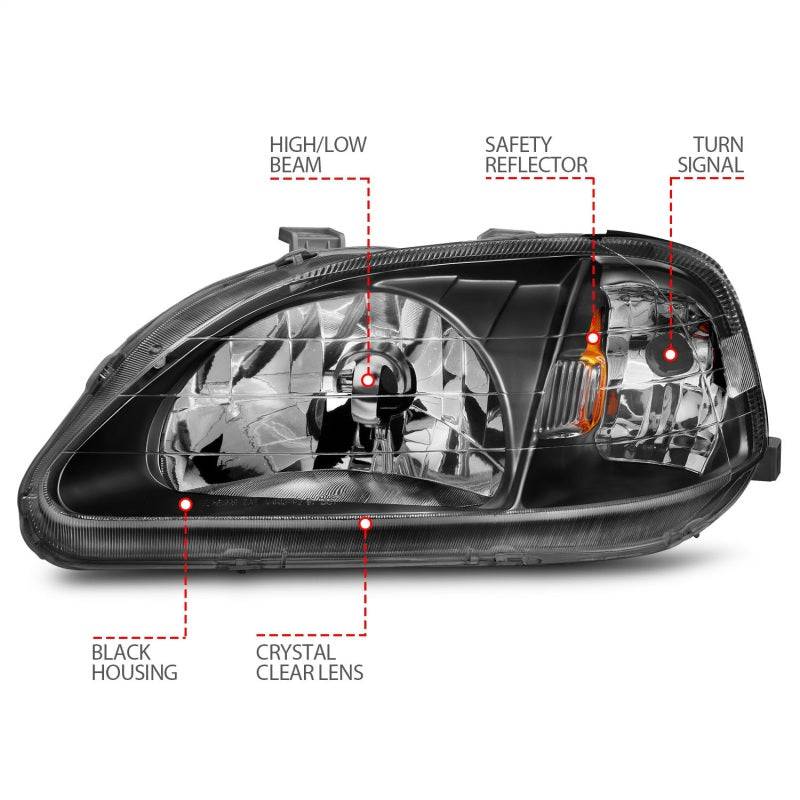 ANZO 1999-2000 Honda Civic Crystal Headlights Black - Striker Modified