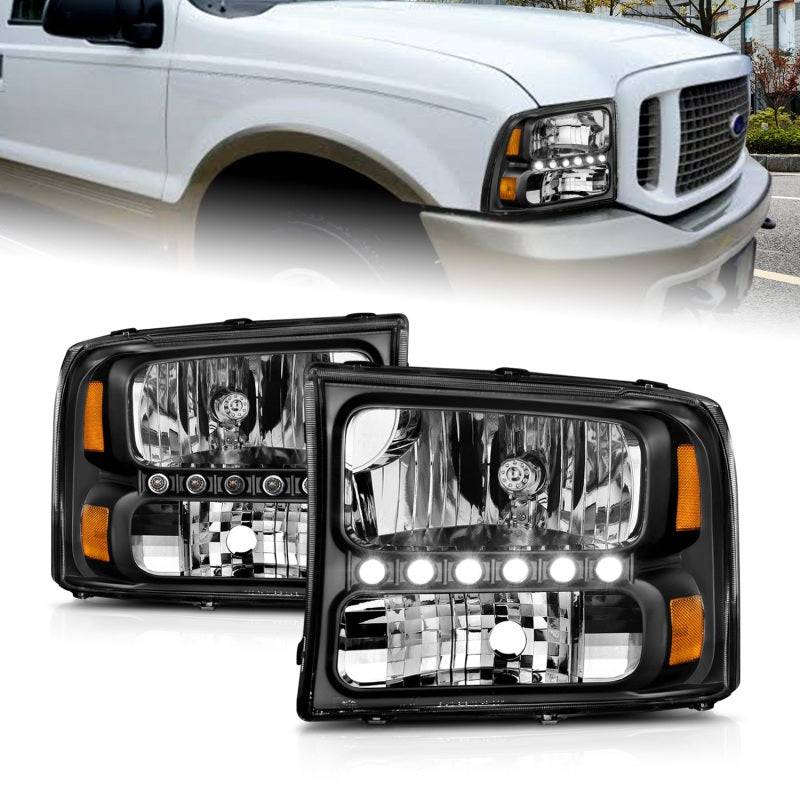 ANZO 2000-2004 Ford Excursion Crystal Headlights Black w/ LED 1pc - Striker Modified
