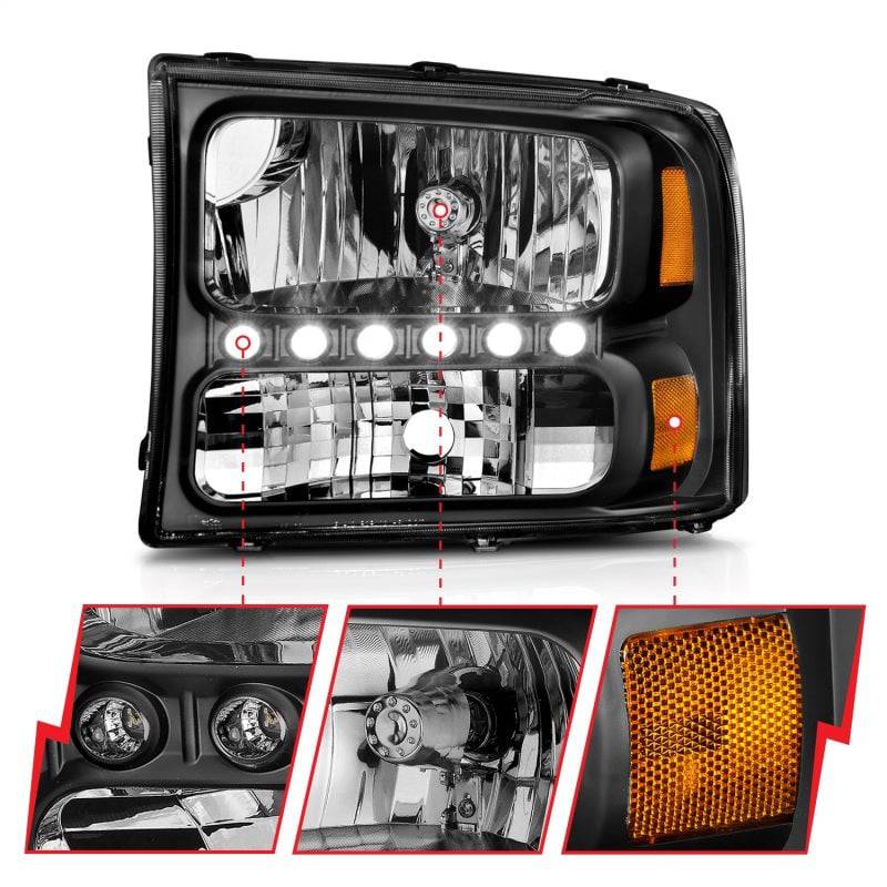 ANZO 2000-2004 Ford Excursion Crystal Headlights Black w/ LED 1pc - Striker Modified