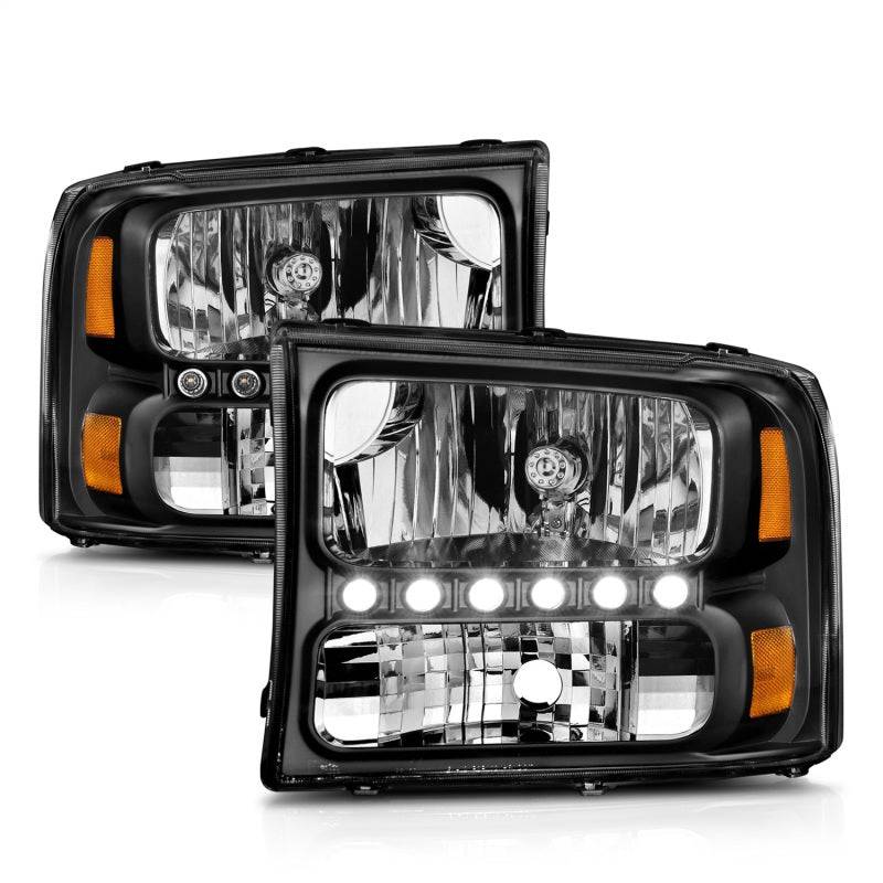 ANZO 2000-2004 Ford Excursion Crystal Headlights Black w/ LED 1pc - Striker Modified