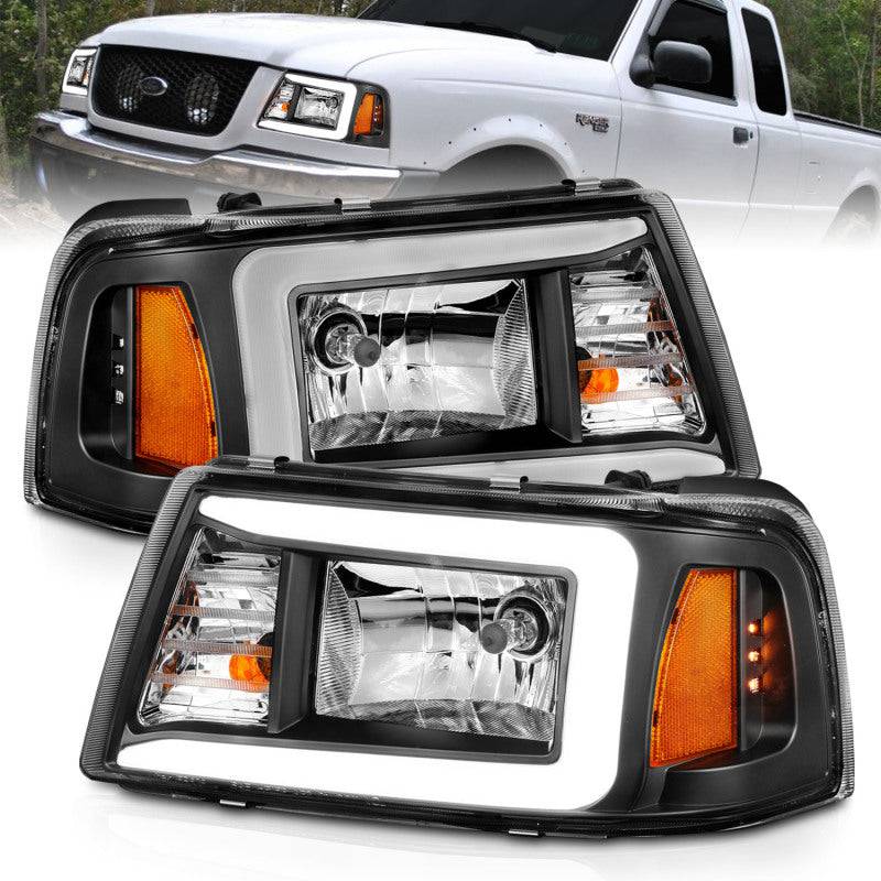 ANZO 2001-2011 Ford Ranger Crystal Headlights w/ Light Bar Black Housing - Striker Modified