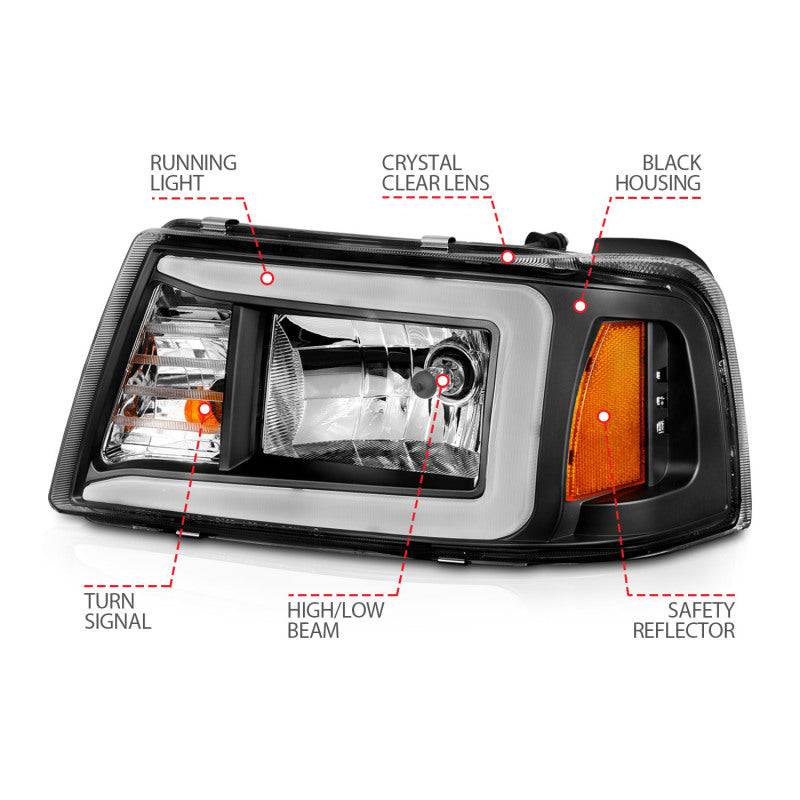 ANZO 2001-2011 Ford Ranger Crystal Headlights w/ Light Bar Black Housing - Striker Modified
