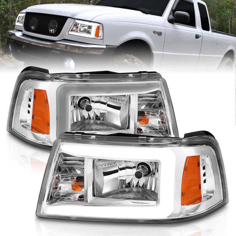 ANZO 2001-2011 Ford Ranger Crystal Headlights w/ Light Bar Chrome Housing - Striker Modified