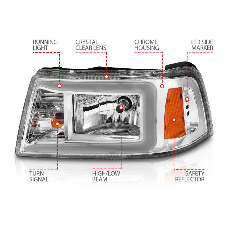 ANZO 2001-2011 Ford Ranger Crystal Headlights w/ Light Bar Chrome Housing - Striker Modified