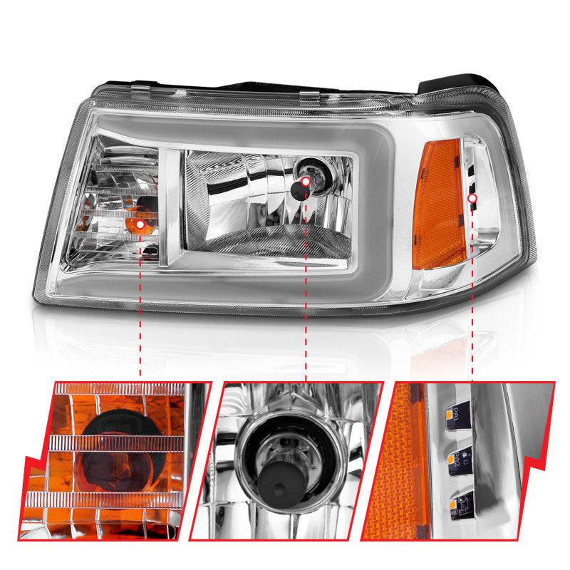 ANZO 2001-2011 Ford Ranger Crystal Headlights w/ Light Bar Chrome Housing - Striker Modified