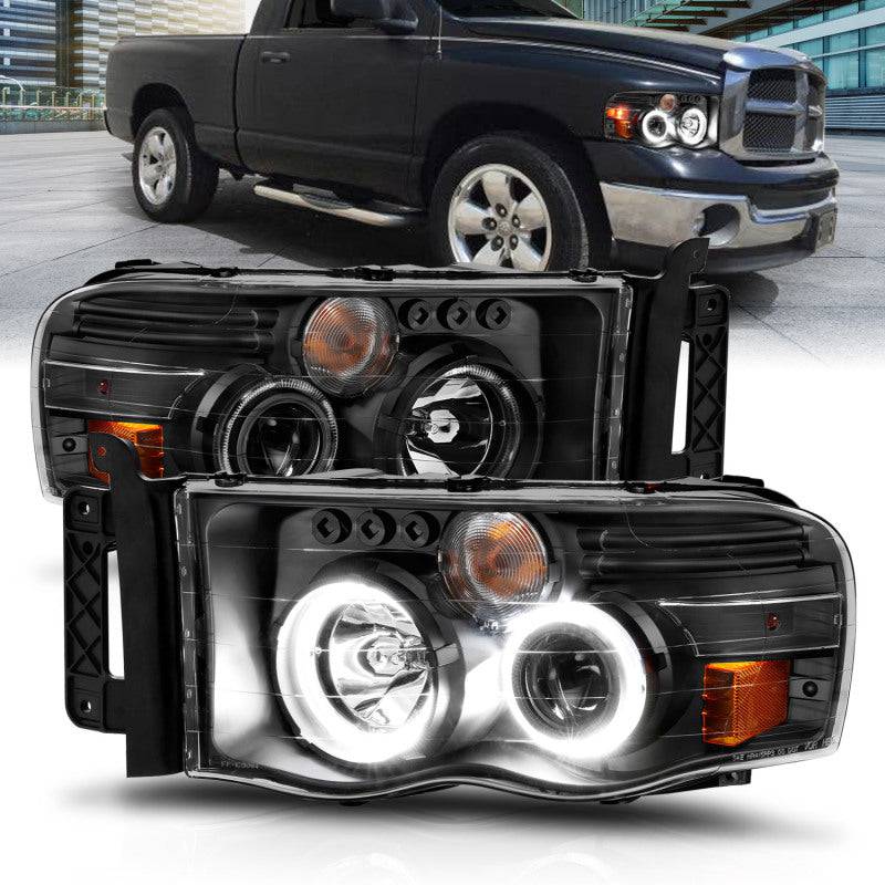 ANZO 2002-2005 Dodge Ram 1500 Projector Headlights w/ Halo Black Clear Amber - Striker Modified