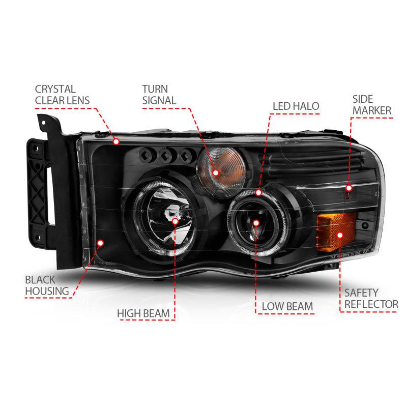 ANZO 2002-2005 Dodge Ram 1500 Projector Headlights w/ Halo Black Clear Amber - Striker Modified