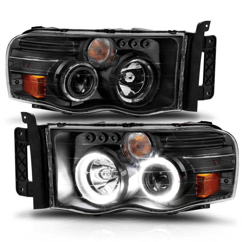 ANZO 2002-2005 Dodge Ram 1500 Projector Headlights w/ Halo Black Clear Amber - Striker Modified