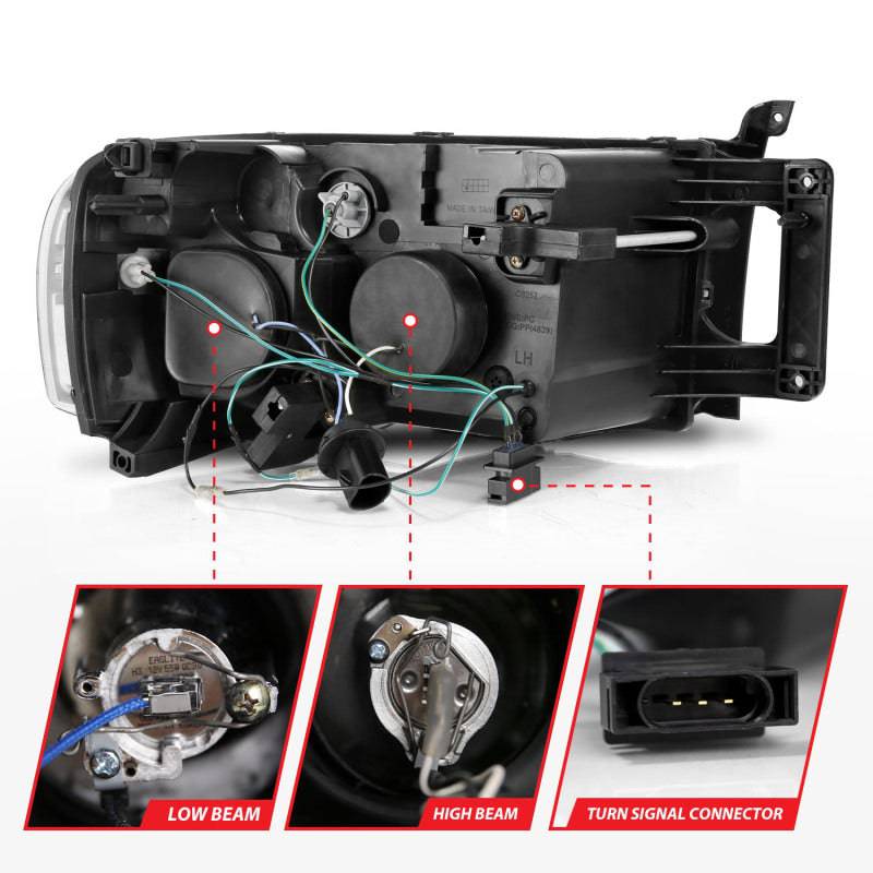 ANZO 2002-2005 Dodge Ram 1500 Projector Headlights w/ Halo Black Clear Amber - Striker Modified