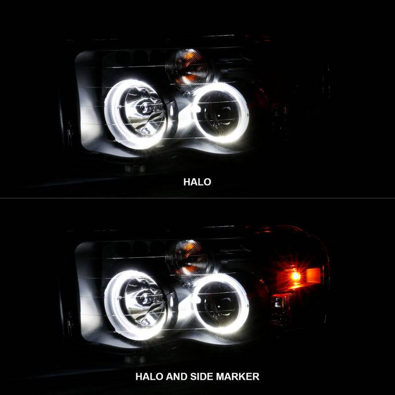 ANZO 2002-2005 Dodge Ram 1500 Projector Headlights w/ Halo Black Clear Amber - Striker Modified