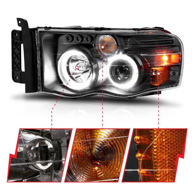 ANZO 2002-2005 Dodge Ram 1500 Projector Headlights w/ Halo Black Clear Amber - Striker Modified
