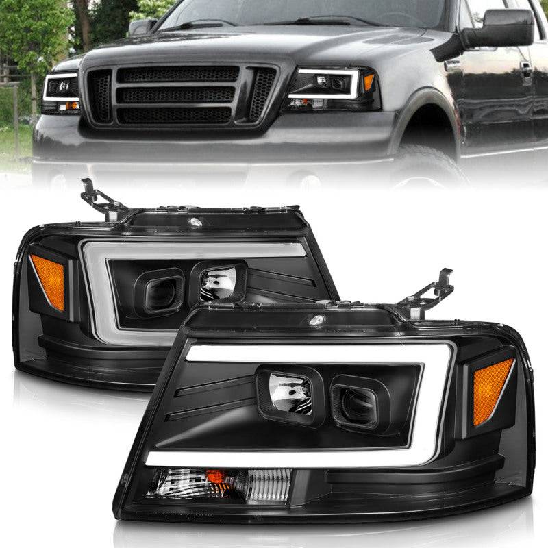 ANZO 2004-2008 Ford  F-150 Projector Headlights w/ Light Bar Black Housing - Striker Modified