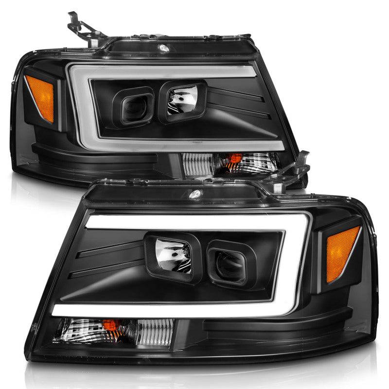 ANZO 2004-2008 Ford  F-150 Projector Headlights w/ Light Bar Black Housing - Striker Modified