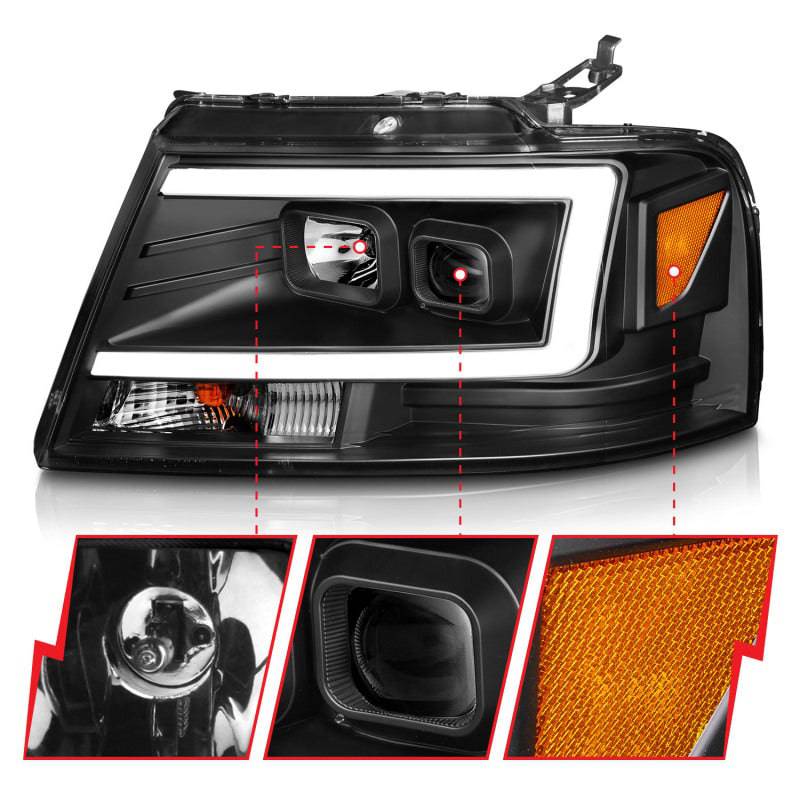 ANZO 2004-2008 Ford  F-150 Projector Headlights w/ Light Bar Black Housing - Striker Modified