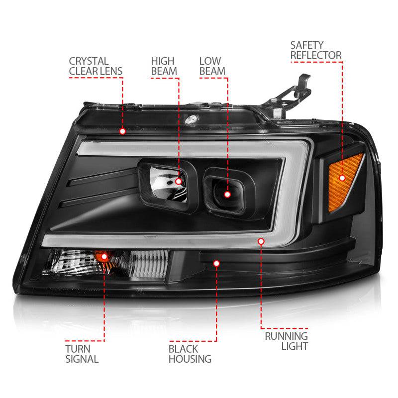 ANZO 2004-2008 Ford  F-150 Projector Headlights w/ Light Bar Black Housing - Striker Modified