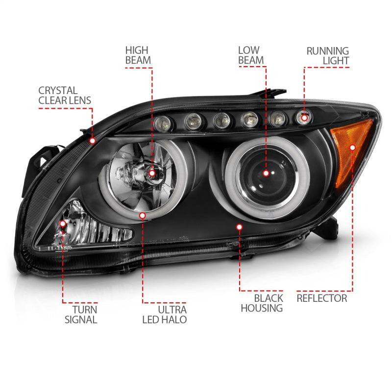ANZO 2005-2010 Scion Tc Projector Headlights w/ Halo Black (CCFL) - Striker Modified