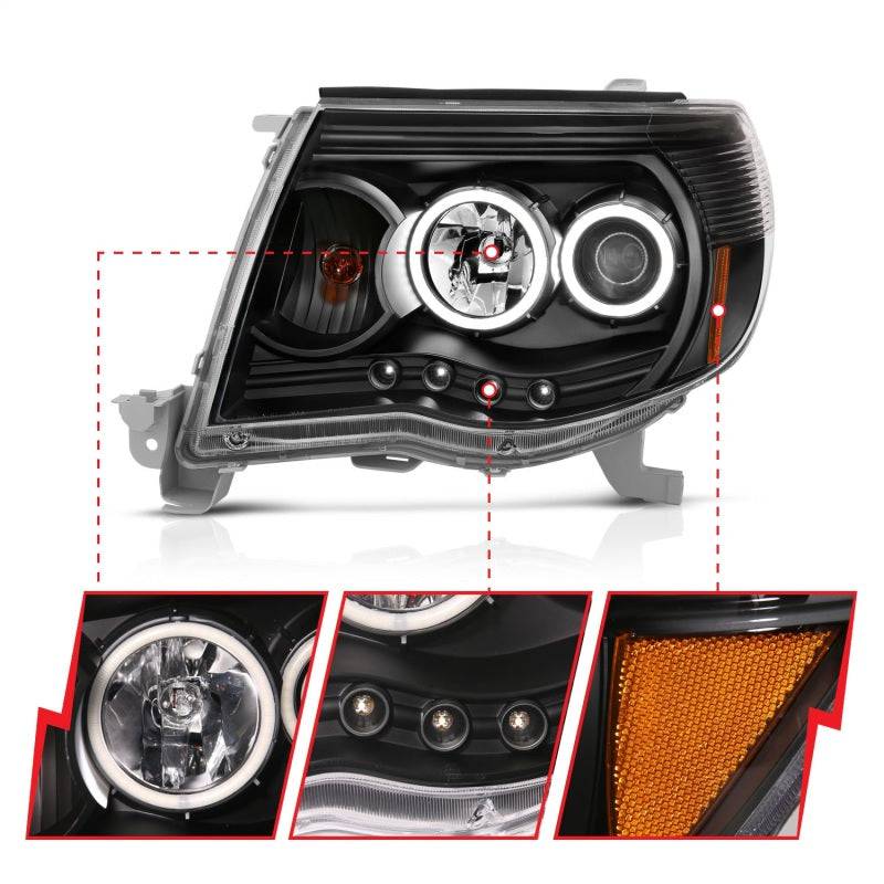 ANZO 2005-2011 Toyota Tacoma Projector Headlights w/ Halo Black - Striker Modified