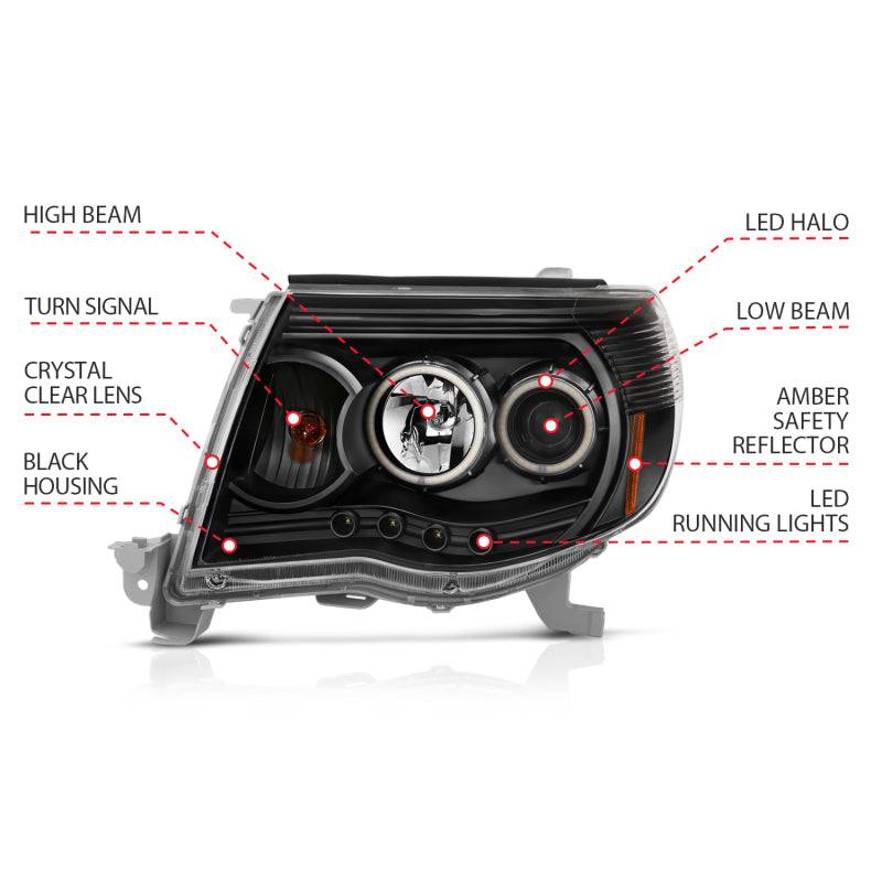 ANZO 2005-2011 Toyota Tacoma Projector Headlights w/ Halo Black - Striker Modified