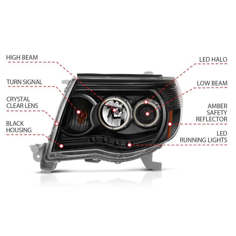 ANZO 2005-2011 Toyota Tacoma Projector Headlights w/ Halo Black - Striker Modified