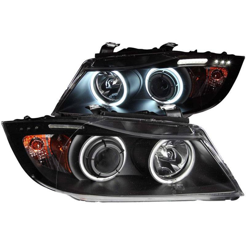ANZO 2006-2008 BMW 3 Series E90-E91 Projector Headlights w/ Halo w/ LED Bar Black (CCFL) - Striker Modified