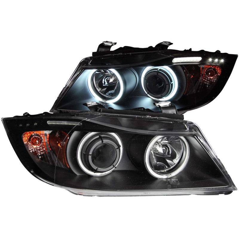 ANZO 2006-2008 BMW 3 Series E90-E91 Projector Headlights w/ Halo w/ LED Bar Black (CCFL) - Striker Modified