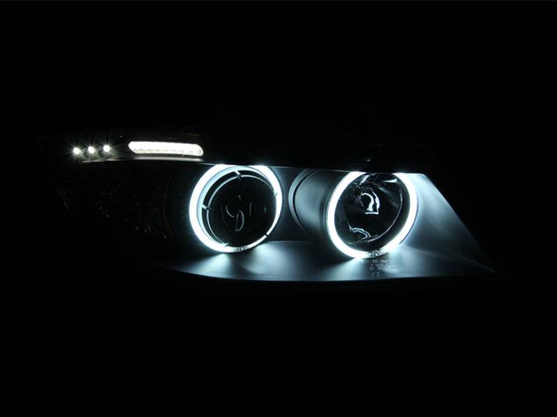 ANZO 2006-2008 BMW 3 Series E90-E91 Projector Headlights w/ Halo w/ LED Bar Black (CCFL) - Striker Modified
