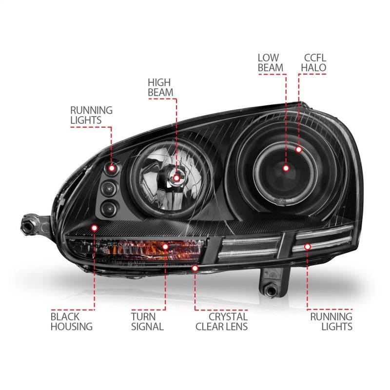 ANZO 2006-2009 Volkswagen Rabbit Projector Headlights w/ Halo Black (CCFL) - Striker Modified