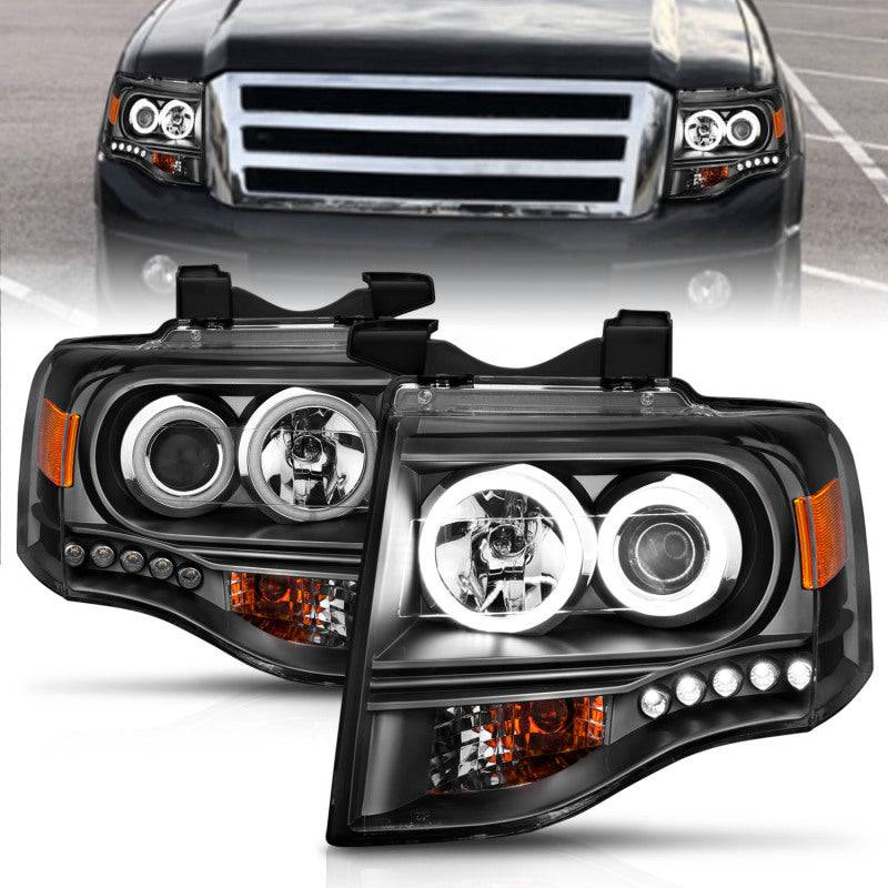 ANZO 2007-2014 Ford Expedition Projector Headlights w/ Halo Black - Striker Modified