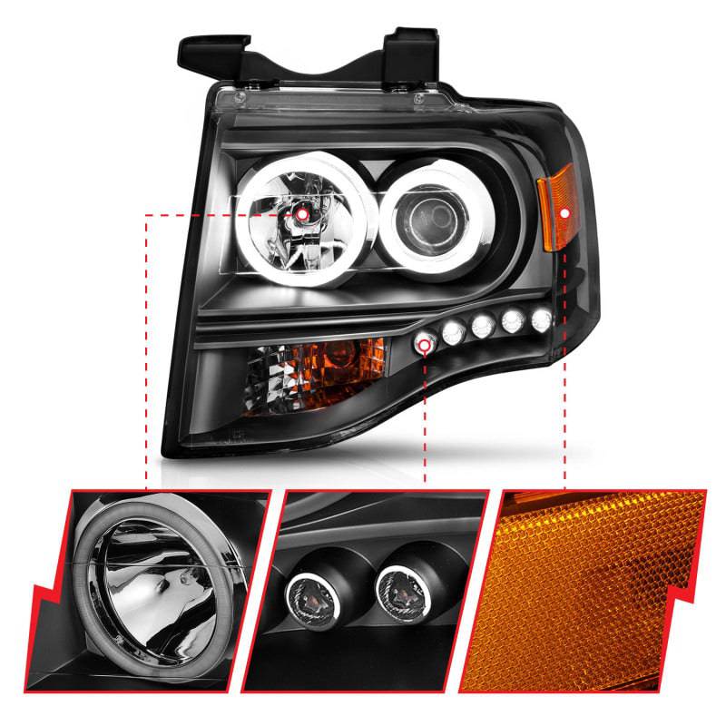 ANZO 2007-2014 Ford Expedition Projector Headlights w/ Halo Black - Striker Modified