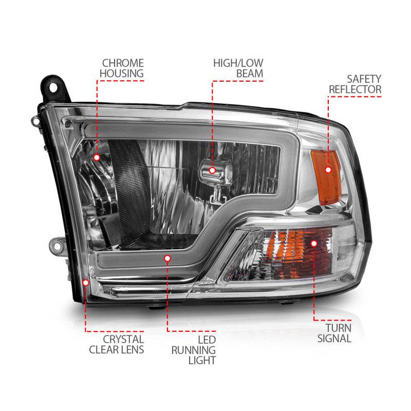 ANZO 2009-2018 Dodge Ram 1500/ 2500/ 3500 Crystal Headlights w/ Light Bar Chrome Housing - Striker Modified