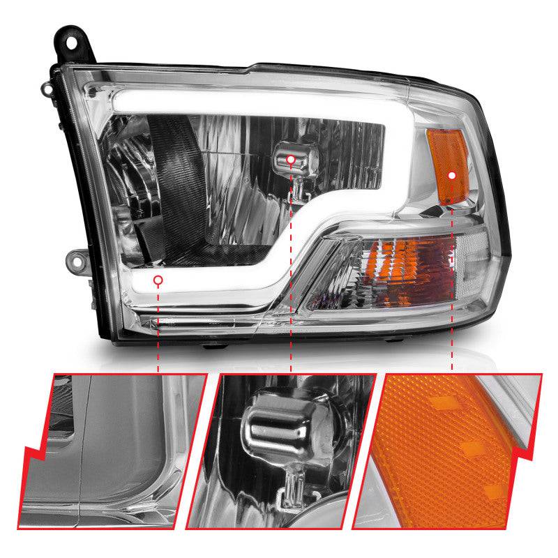 ANZO 2009-2018 Dodge Ram 1500/ 2500/ 3500 Crystal Headlights w/ Light Bar Chrome Housing - Striker Modified
