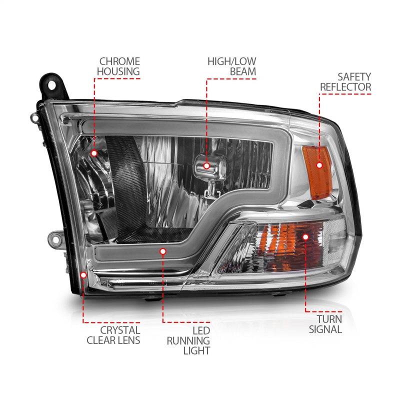 ANZO 2009-2018 Dodge Ram 1500/ 2500/ 3500 Crystal Headlights w/ Light Bar Chrome Housing - Striker Modified
