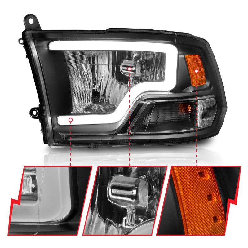 ANZO 2009-2018 Dodge Ram 1500 Crystal Headlights w/ Light Bar Black Housing - Striker Modified