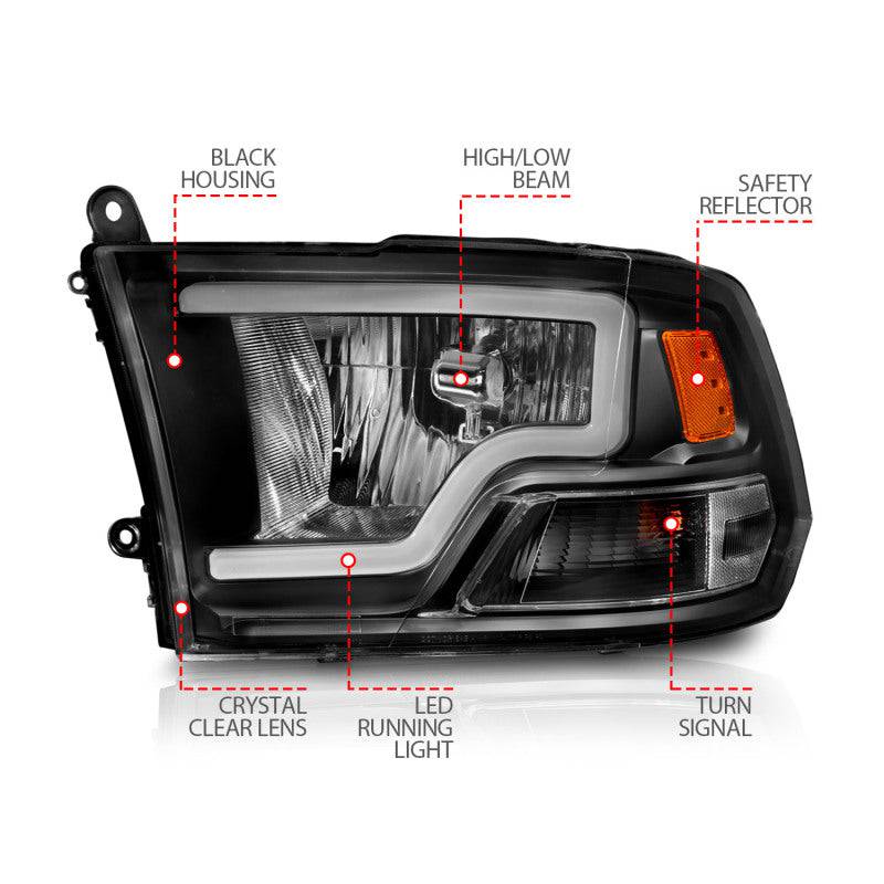 ANZO 2009-2018 Dodge Ram 1500 Crystal Headlights w/ Light Bar Black Housing - Striker Modified