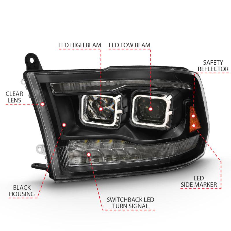 ANZO 2009-2018 Dodge Ram 1500 Led Projector Plank Style Switchback H.L Halo Black Amber (OE Style) - Striker Modified