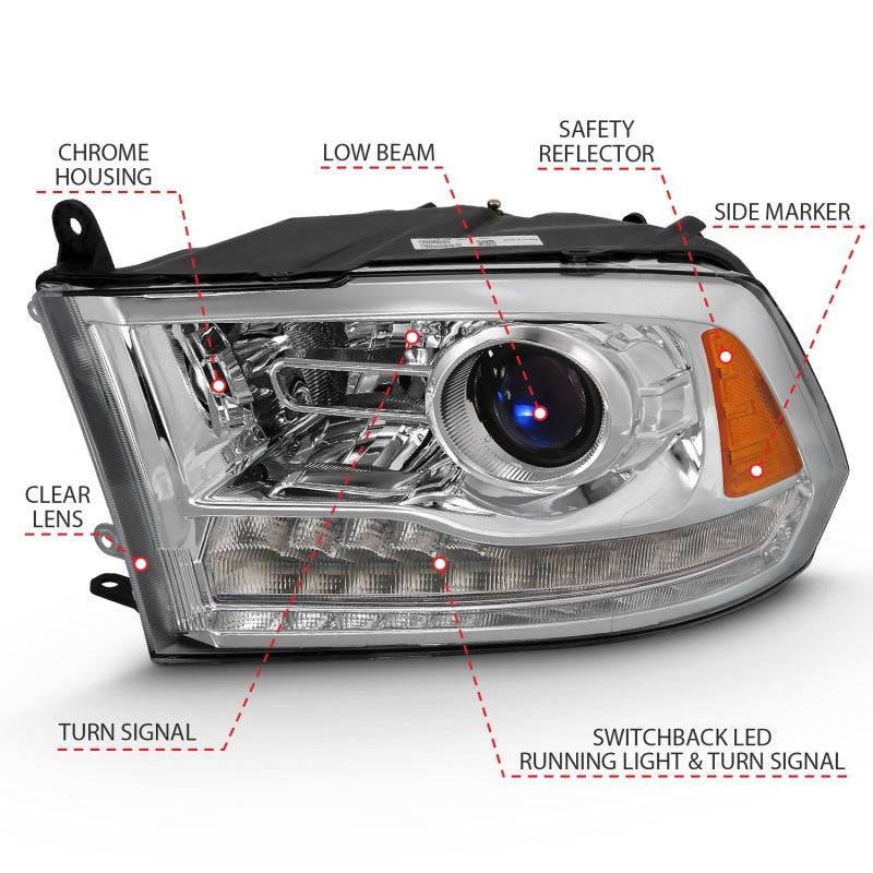 ANZO 2009-2018 Dodge Ram 1500 Projector Plank Style Switchback H.L Halo Chrome Amber (OE Style) - Striker Modified
