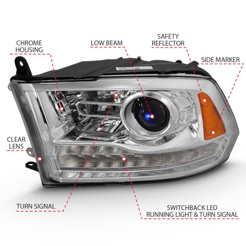 ANZO 2009-2018 Dodge Ram 1500 Projector Plank Style Switchback H.L Halo Chrome Amber (OE Style) - Striker Modified
