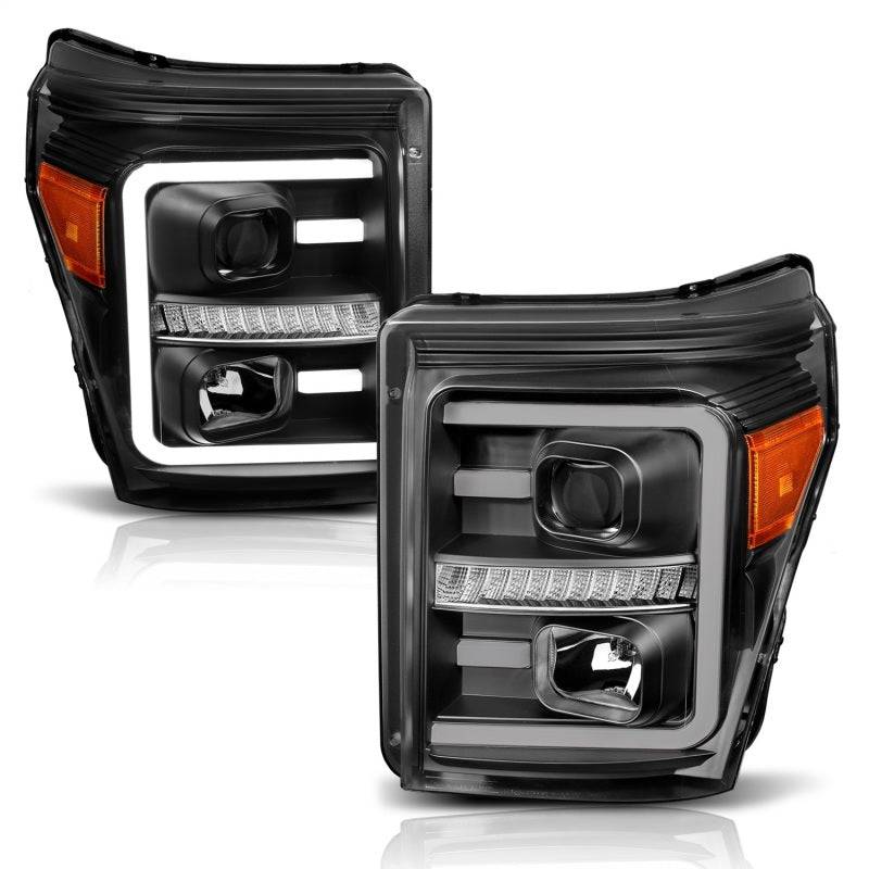 ANZO 2011-2016 Ford F250 Projector Headlights w/ Plank Style Switchback Black w/ Amber - Striker Modified