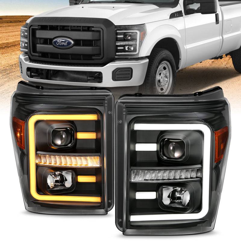 ANZO 2011-2016 Ford F250 Projector Headlights w/ Plank Style Switchback Black w/ Amber - Striker Modified