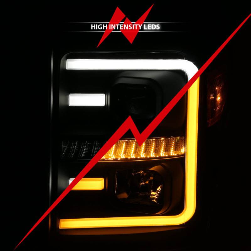ANZO 2011-2016 Ford F250 Projector Headlights w/ Plank Style Switchback Black w/ Amber - Striker Modified