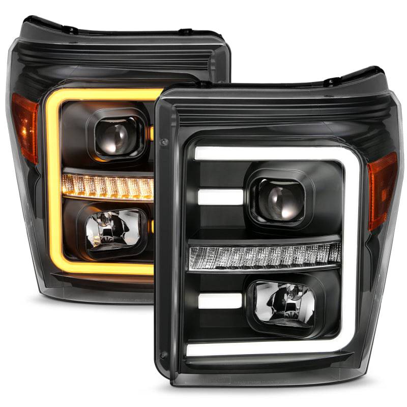ANZO 2011-2016 Ford F250 Projector Headlights w/ Plank Style Switchback Black w/ Amber - Striker Modified