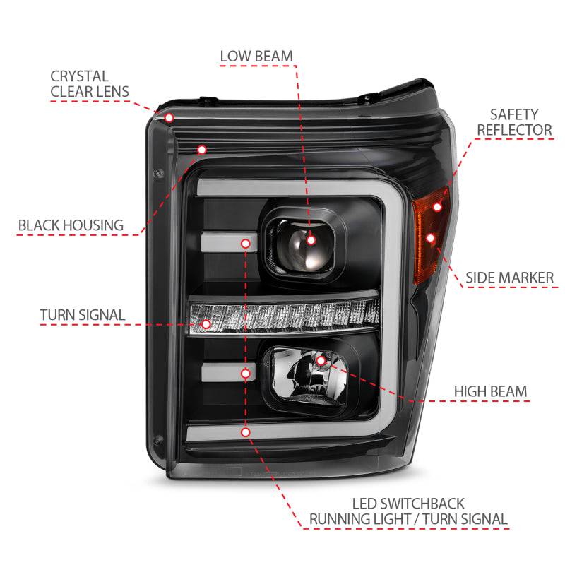 ANZO 2011-2016 Ford F250 Projector Headlights w/ Plank Style Switchback Black w/ Amber - Striker Modified