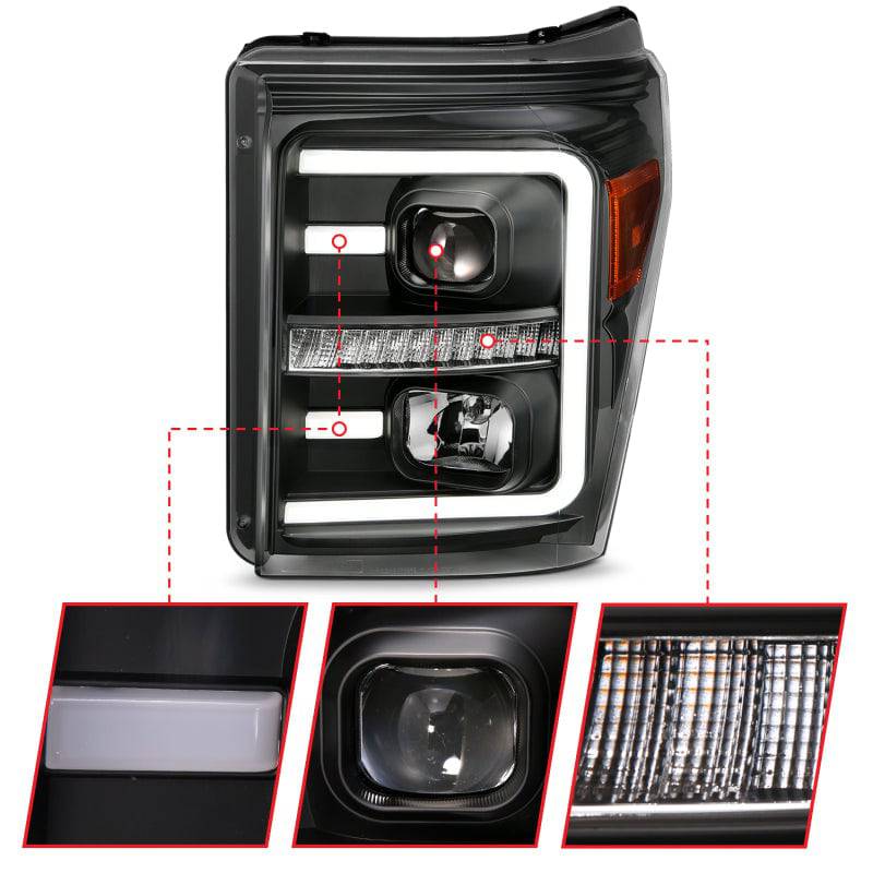 ANZO 2011-2016 Ford F250 Projector Headlights w/ Plank Style Switchback Black w/ Amber - Striker Modified