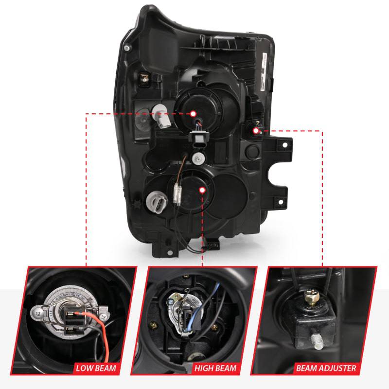 ANZO 2011-2016 Ford F250 Projector Headlights w/ Plank Style Switchback Black w/ Amber - Striker Modified