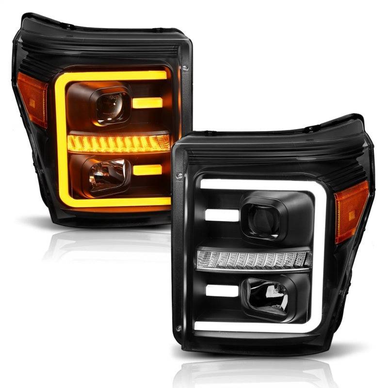 ANZO 2011-2016 Ford F250 Projector Headlights w/ Plank Style Switchback Black w/ Amber - Striker Modified