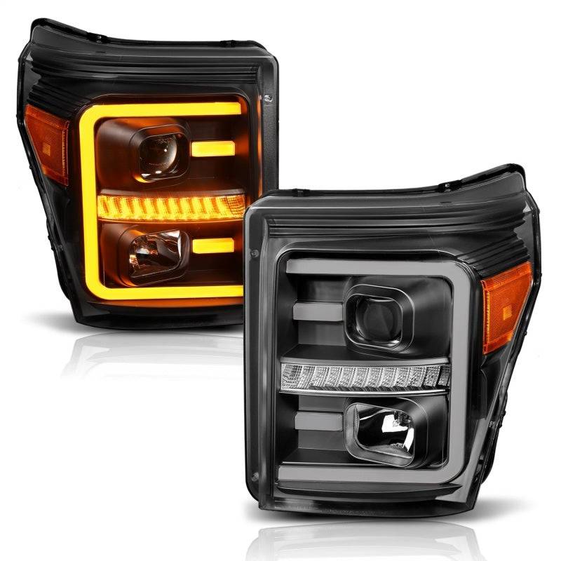 ANZO 2011-2016 Ford F250 Projector Headlights w/ Plank Style Switchback Black w/ Amber - Striker Modified