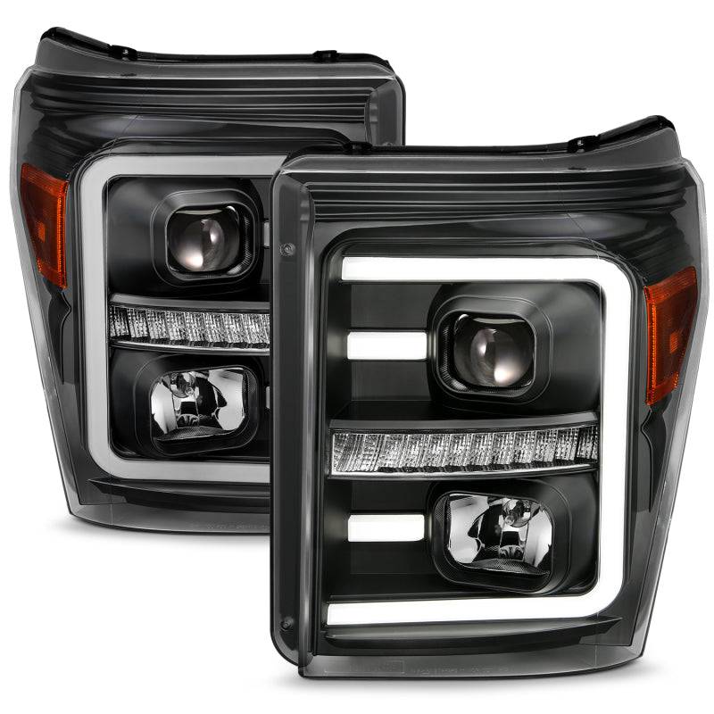 ANZO 2011-2016 Ford F250 Projector Headlights w/ Plank Style Switchback Black w/ Amber - Striker Modified