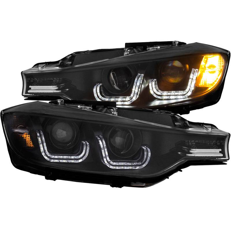 ANZO 2012-2015 BMW 3 Series Projector Headlights w/ U-Bar Black - Striker Modified