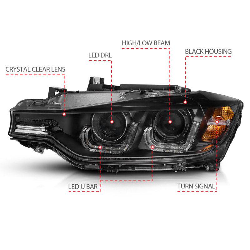 ANZO 2012-2015 BMW 3 Series Projector Headlights w/ U-Bar Black - Striker Modified