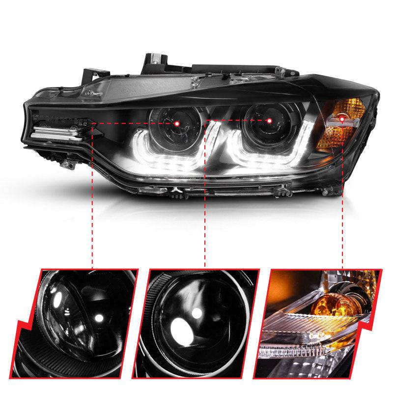 ANZO 2012-2015 BMW 3 Series Projector Headlights w/ U-Bar Black - Striker Modified